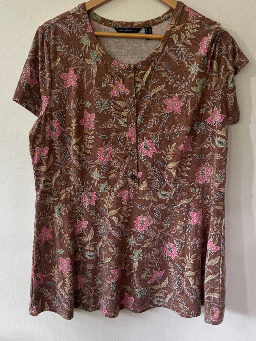 Isaac Mizrahi Live Brown Floral Peplum Top Womens Large Cottagecore Button Neck